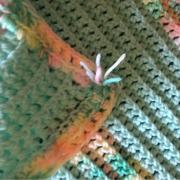 Handmade Baby Blanket Green with Yellow & Pink Accents 96” X 100” approximately - Picture 4 of 6